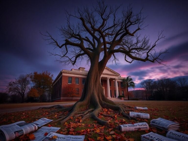 Flick International A somber landscape featuring a weathered courthouse building and a gnarled tree representing perseverance.