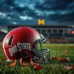 Flick International Ohio State football helmet on grassy field surrounded by autumn leaves