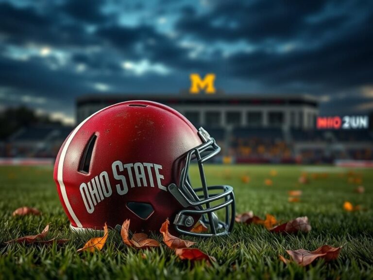 Flick International Ohio State football helmet on grassy field surrounded by autumn leaves