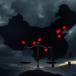 Flick International A shadowy map of China with red markers indicating organ trafficking locations