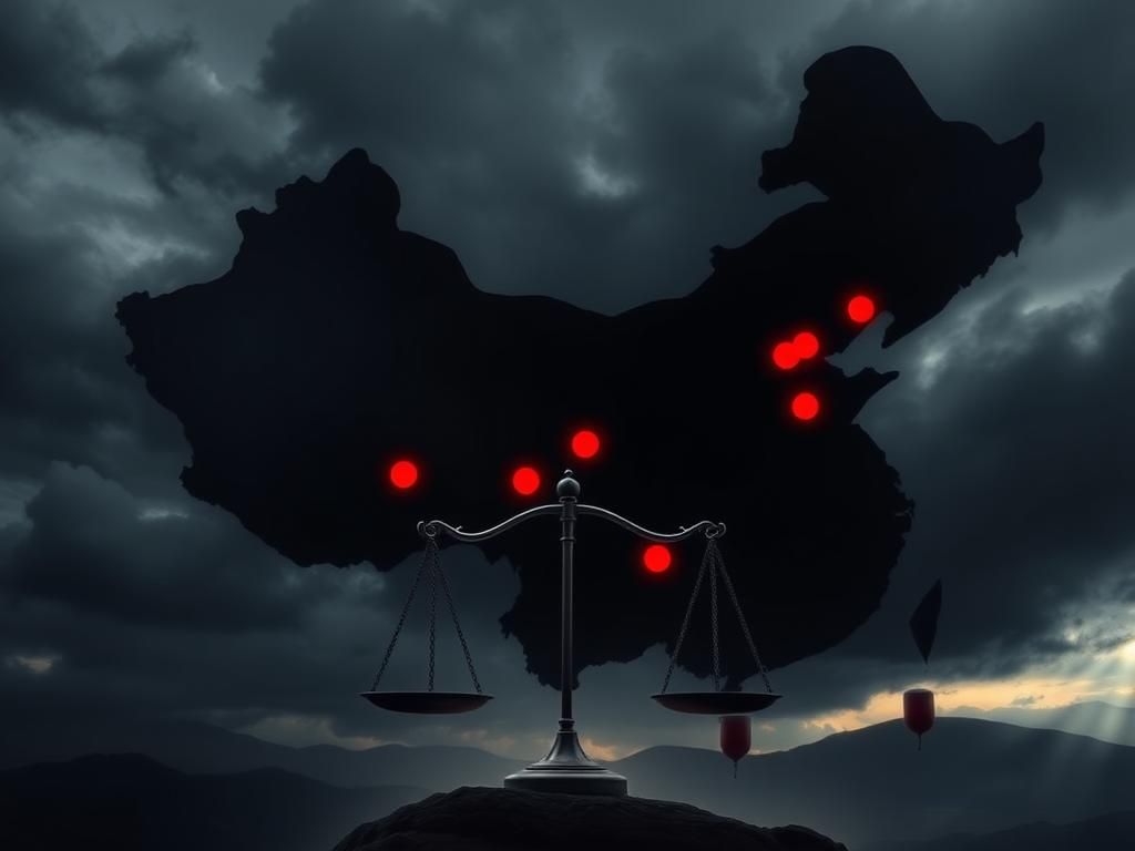 Flick International A shadowy map of China with red markers indicating organ trafficking locations