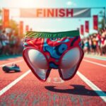 Flick International Dynamic marathon scene with colorful running briefs and accessories on a vibrant track