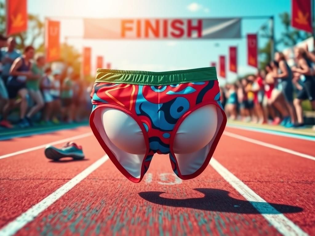 Flick International Dynamic marathon scene with colorful running briefs and accessories on a vibrant track