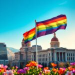 Flick International Vibrant urban skyline of Boise and Salt Lake City adorned with colorful Pride flags