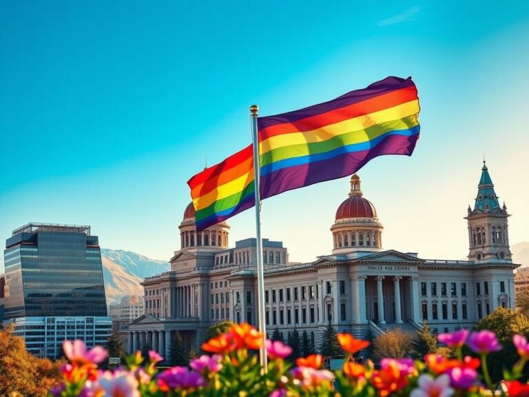 Flick International Vibrant urban skyline of Boise and Salt Lake City adorned with colorful Pride flags