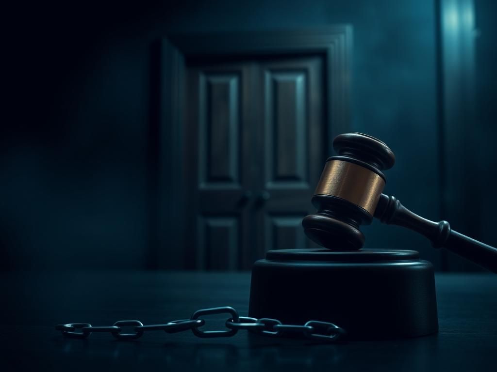 Flick International A gavel striking a sound block in a tense courtroom scene, representing justice and legal conflict