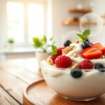 Flick International Close-up of a healthy meal with Greek yogurt, fresh berries, nuts, and seeds on a rustic table