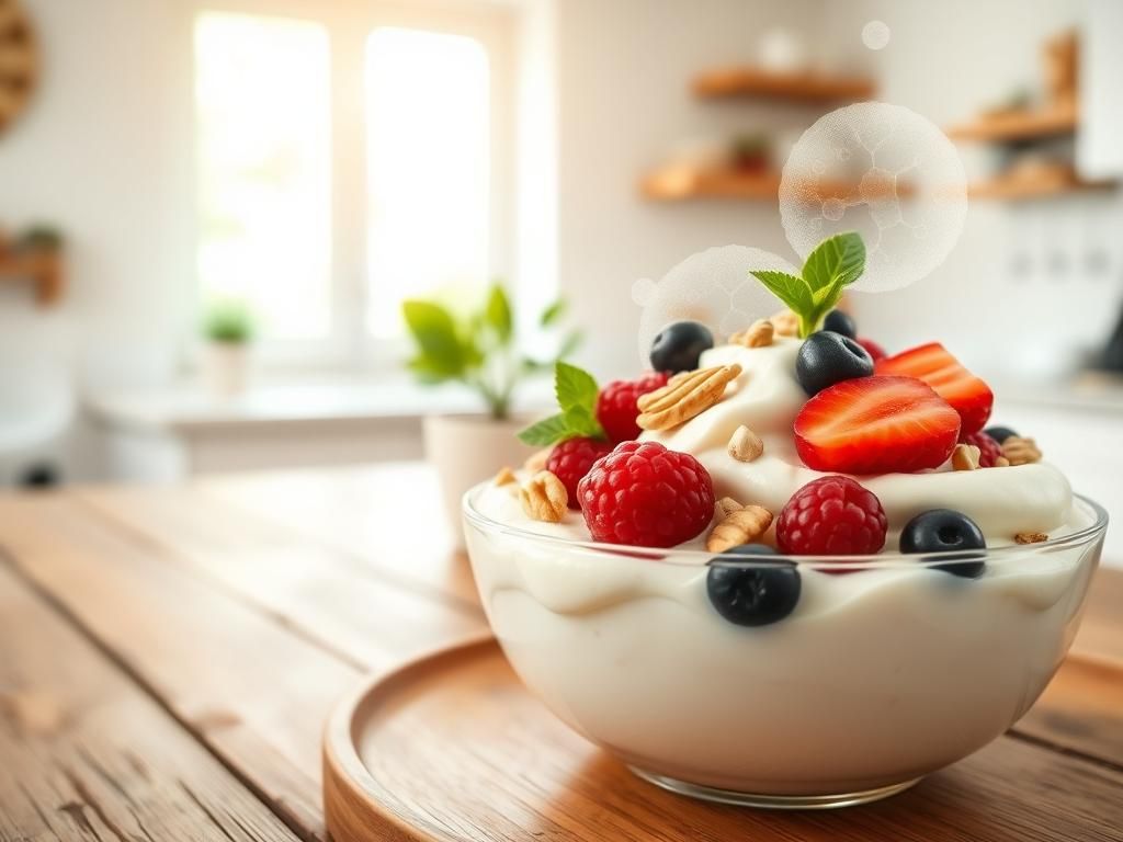 Flick International Close-up of a healthy meal with Greek yogurt, fresh berries, nuts, and seeds on a rustic table