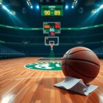 Flick International Dramatic basketball court scene at TD Garden with empty hardwood floor and Celtics-Knicks logo