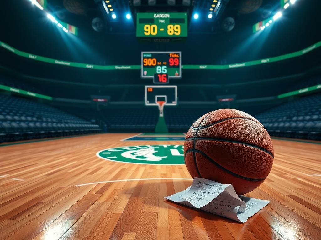 Flick International Dramatic basketball court scene at TD Garden with empty hardwood floor and Celtics-Knicks logo