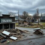 Flick International Tornado damage in Selmer, Tennessee with collapsed thrift store and destroyed homes