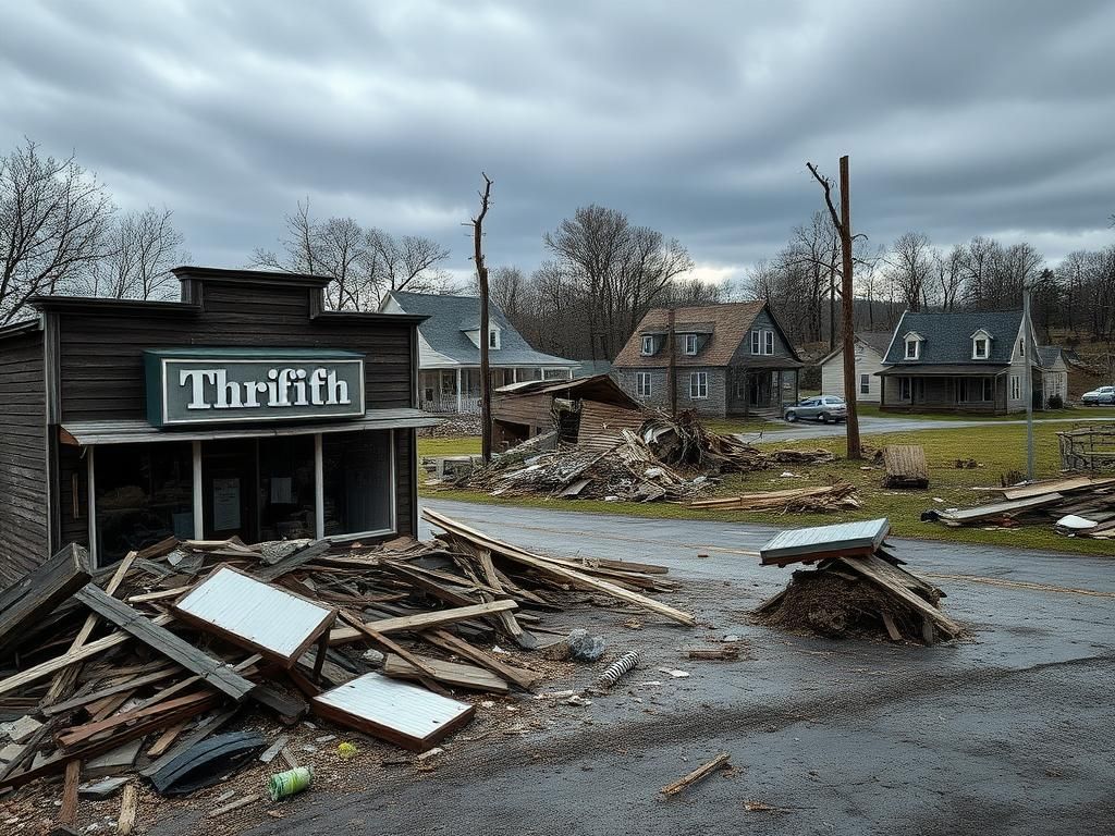 Flick International Tornado damage in Selmer, Tennessee with collapsed thrift store and destroyed homes