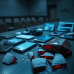 Flick International Dimly lit courtroom featuring forensic evidence with smartphones and data analysis screens