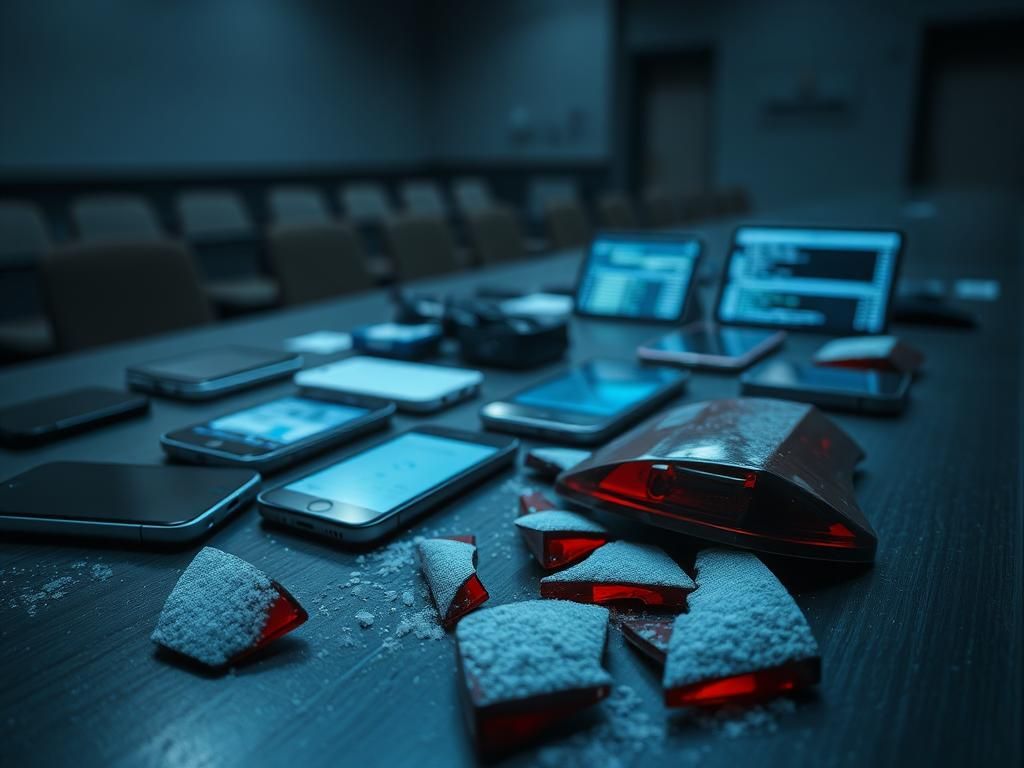 Flick International Dimly lit courtroom featuring forensic evidence with smartphones and data analysis screens