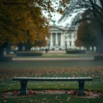 Flick International A serene autumn scene in the gardens of Buckingham Palace with vibrant foliage and an empty bench