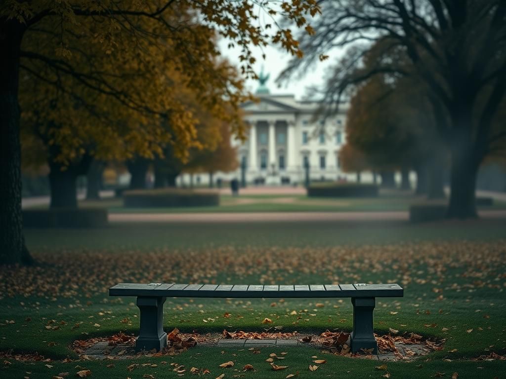 Flick International A serene autumn scene in the gardens of Buckingham Palace with vibrant foliage and an empty bench