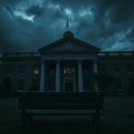 Flick International Eerie view of a historic Kentucky courthouse with dark storm clouds overhead
