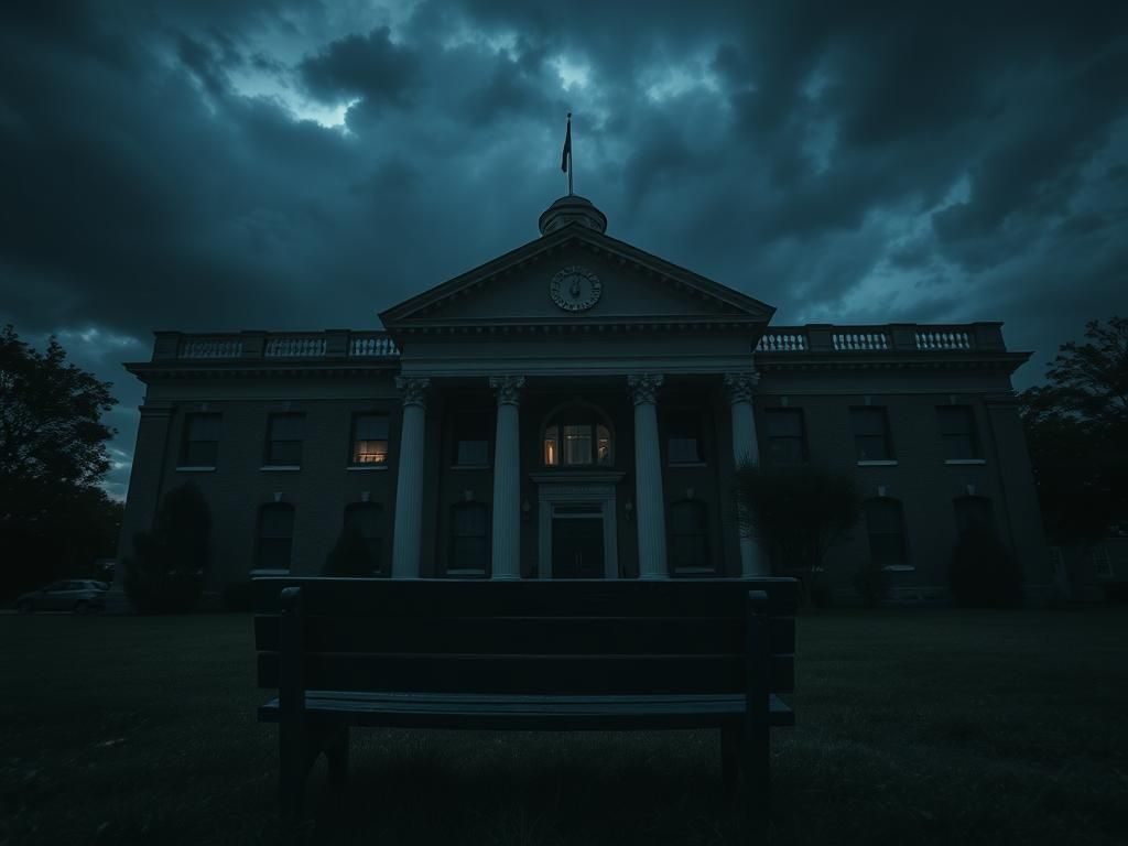Flick International Eerie view of a historic Kentucky courthouse with dark storm clouds overhead