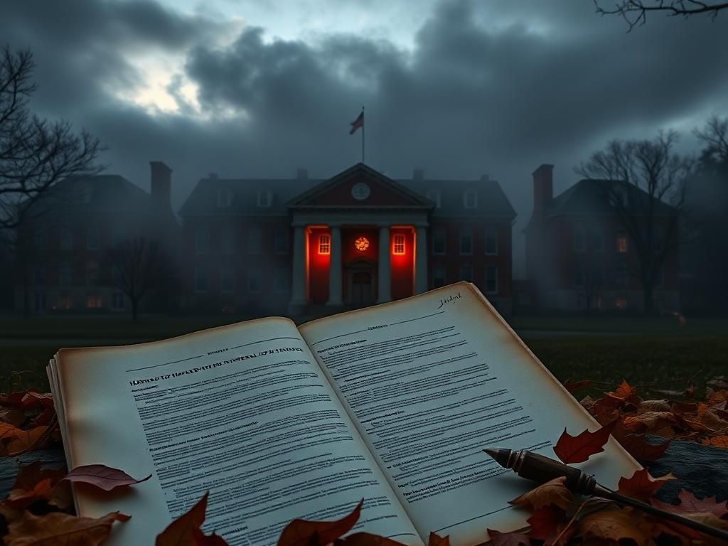 Flick International A dramatic, mist-covered Harvard University campus highlighting the ongoing controversy over antisemitism and government oversight