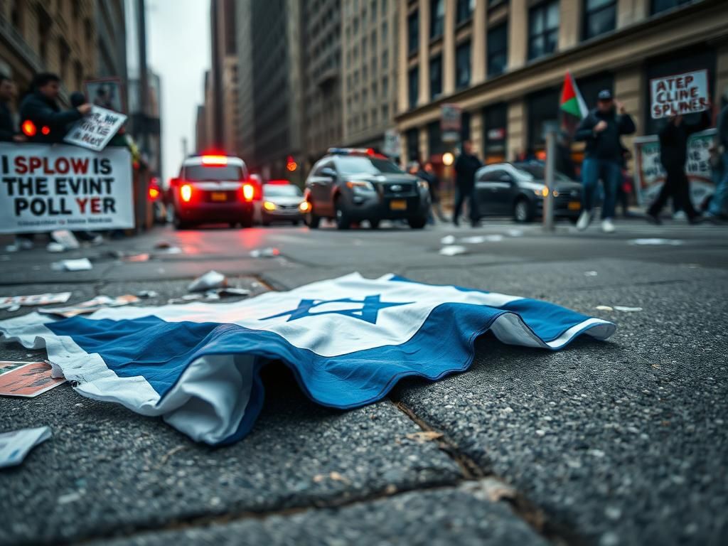 Flick International Torn Israeli flag on the ground amidst protest signs and pamphlets in New York City