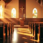 Flick International serene church interior with polished wooden pews and a cross