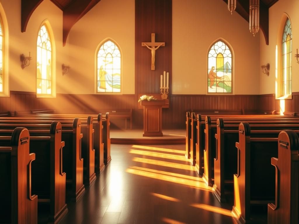 Flick International serene church interior with polished wooden pews and a cross
