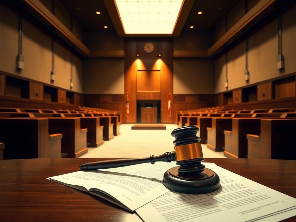 Flick International Tense courtroom scene with gavel and legal papers