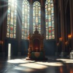 Flick International Serene interior of a grand cathedral with stained glass windows and an empty papal throne