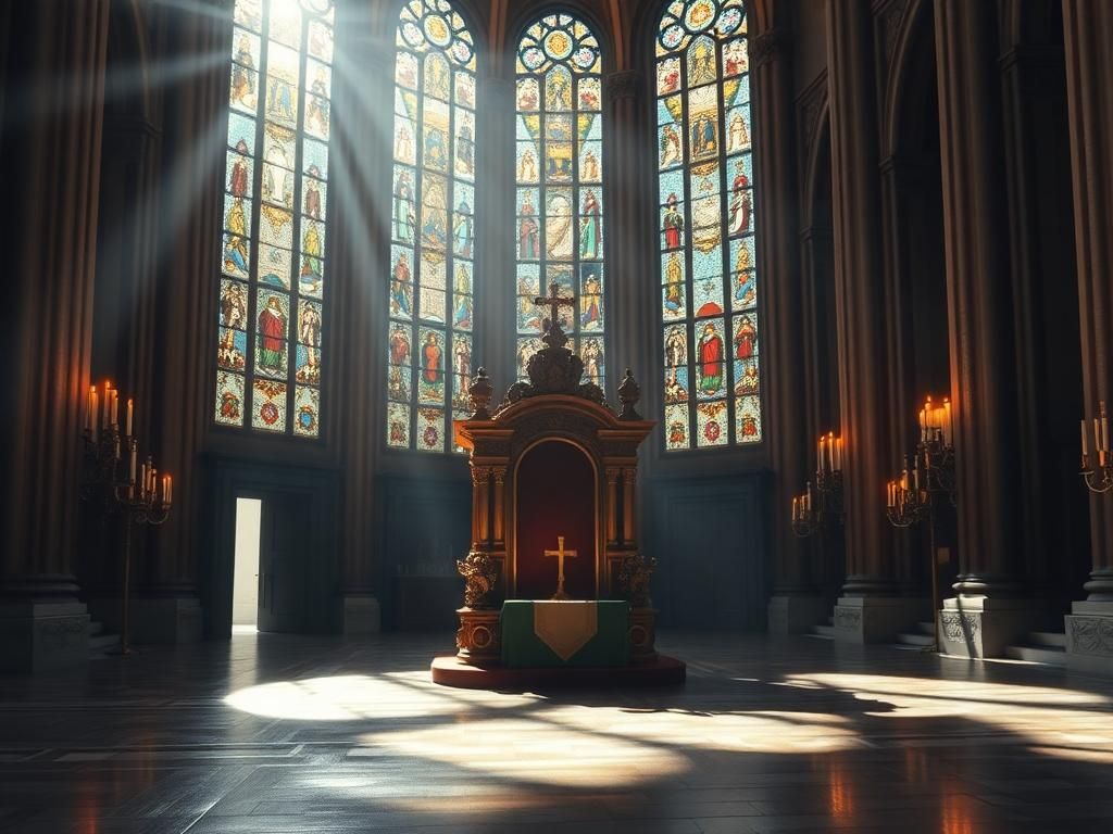 Flick International Serene interior of a grand cathedral with stained glass windows and an empty papal throne