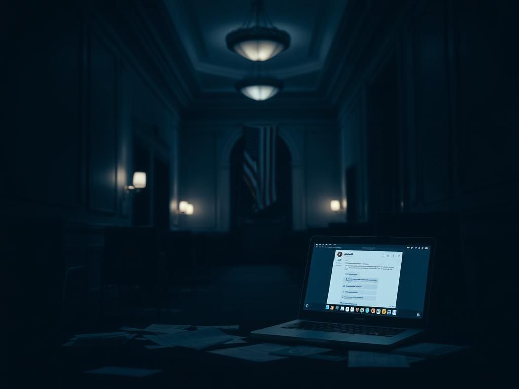 Flick International Dark corridor inside the National Security Council with empty chairs and desks, suggesting absence of staff