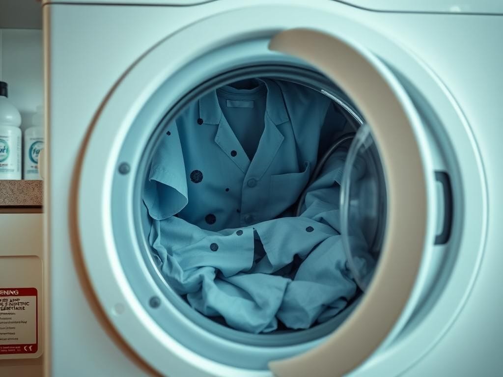 Flick International Close-up view of a domestic washing machine with healthcare uniforms inside, symbolizing bacteria contamination