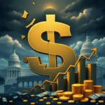Flick International Fractured U.S. dollar sign against a dark stormy background illustrating America's national debt crisis