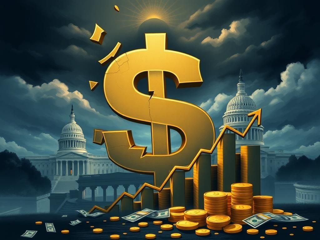 Flick International Fractured U.S. dollar sign against a dark stormy background illustrating America's national debt crisis
