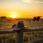 Flick International Vintage cowboy hat resting on a wooden rail at sunset over a prairie