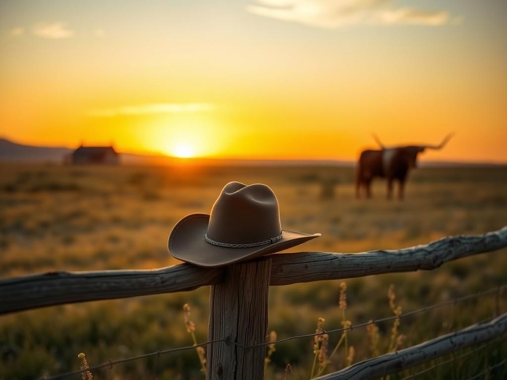 Flick International Vintage cowboy hat resting on a wooden rail at sunset over a prairie
