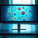 Flick International 27-inch light-field display showcasing vibrant 3D digital objects on a minimalist desk