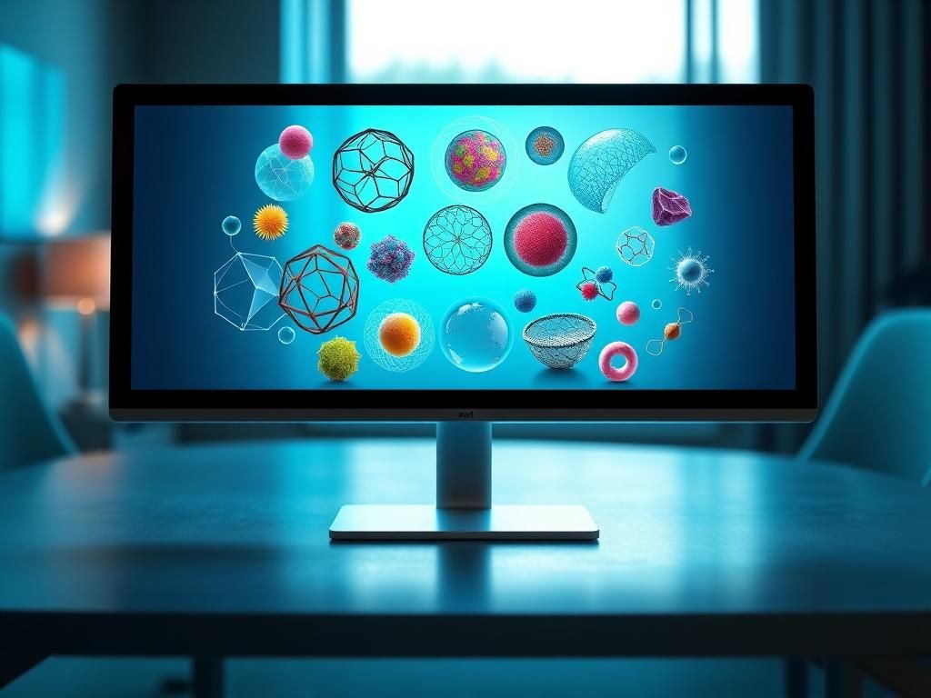Flick International 27-inch light-field display showcasing vibrant 3D digital objects on a minimalist desk