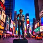 Flick International 12-foot-tall bronze statue of a Black woman in Times Square against a backdrop of bright billboards