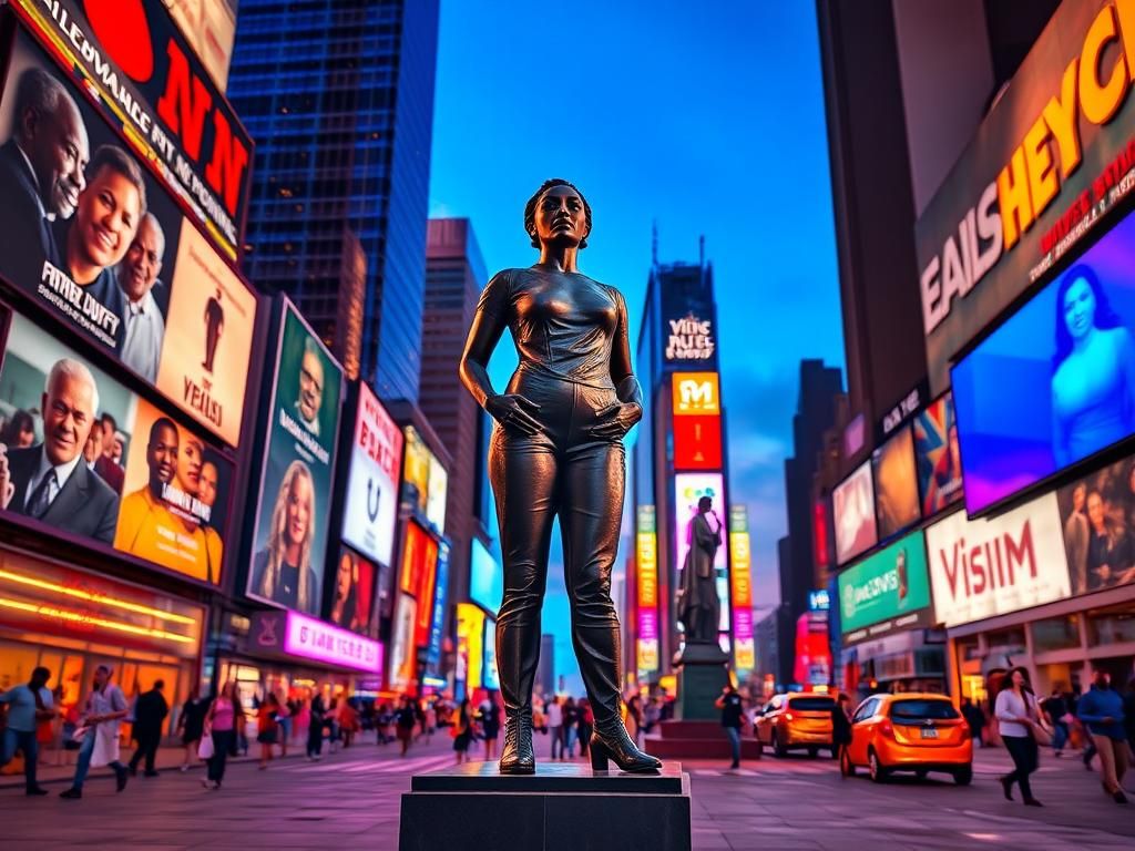Flick International 12-foot-tall bronze statue of a Black woman in Times Square against a backdrop of bright billboards