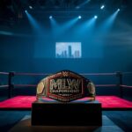 Flick International Wrestling championship belt on a pedestal in an empty arena illuminated by spotlighting