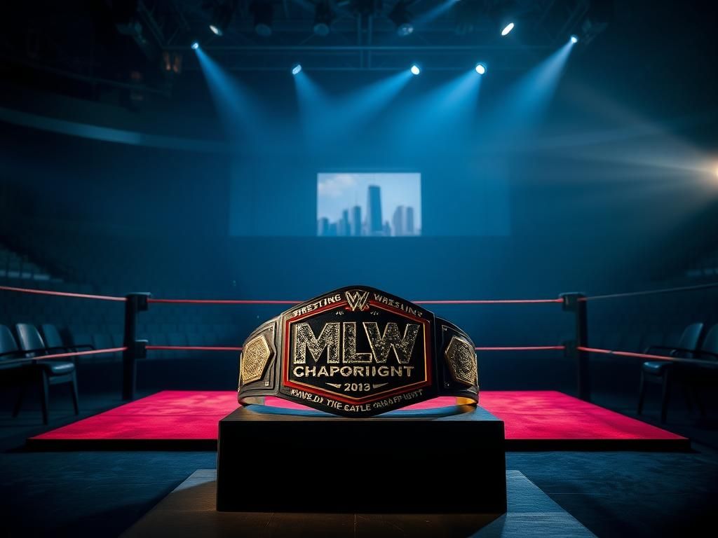 Flick International Wrestling championship belt on a pedestal in an empty arena illuminated by spotlighting
