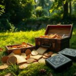 Flick International Vintage leather boxes revealing gold coins and jewelry in an overgrown field