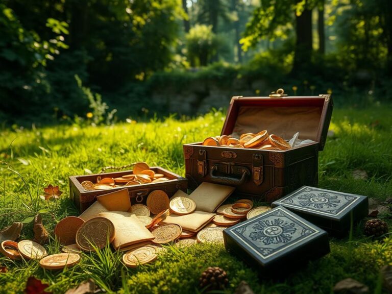 Flick International Vintage leather boxes revealing gold coins and jewelry in an overgrown field