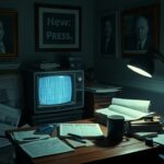 Flick International Dimly lit room with vintage television and scattered papers representing press challenges