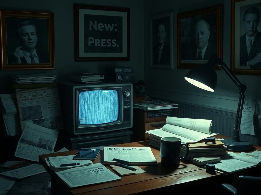 Flick International Dimly lit room with vintage television and scattered papers representing press challenges
