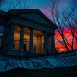Flick International Exterior view of Columbia University's Butler Library during twilight showcasing signs of chaos from an anti-Israel protest