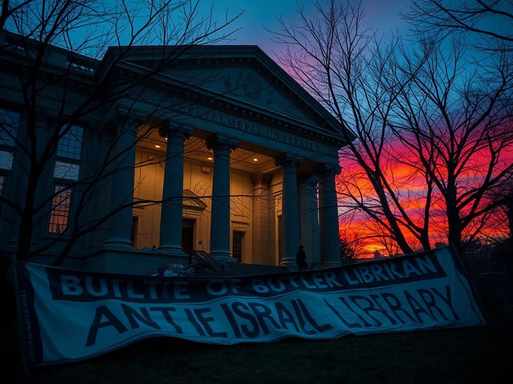 Flick International Exterior view of Columbia University's Butler Library during twilight showcasing signs of chaos from an anti-Israel protest