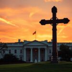 Flick International A silhouette of the White House with a large wooden cross against a vibrant sunset.