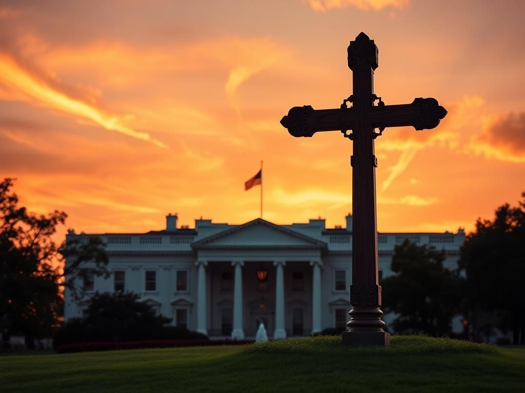 Flick International A silhouette of the White House with a large wooden cross against a vibrant sunset.