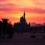 Flick International A dramatic sunset over Yas Island with a silhouette of the Disney castle and Emirati architecture